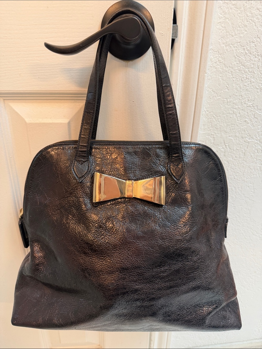 B-Low the Belt Black Bowler Tote with Gold Bow Accent